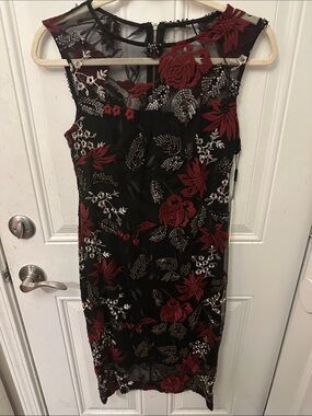 NWT Calvin Klein Embroidered Black Sheath Dress with Wine Red Floral Appliqué 4
